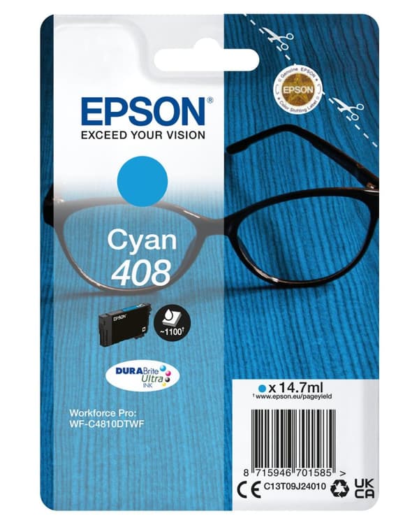 Epson 408 - 14,7 ml - suuri kapasiteetti - syaani - alkuperäinen - läpipainopakkaus - mustepatruuna - WorkForce WF-7830, WF-7840, WorkForce Pro WF-382
