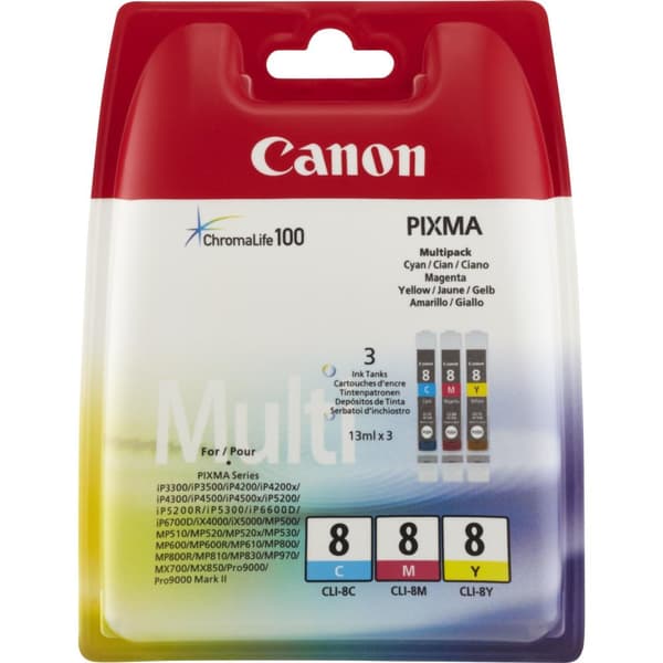 Canon CLI-8 Multipack - 3-pak - gul, cyan, magenta - original - blækbeholdere - til PIXMA iP6600D, iP6700D, Pro9000, Pro9000 Mark II (0621B029)