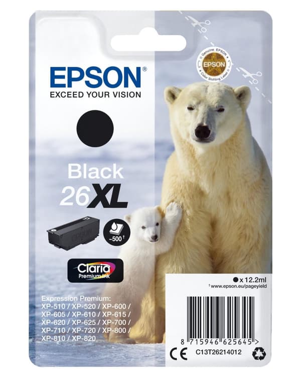 Epson 26XL - svart - original - bläckpatron - för Expression Photo XP-760, Expression Premium XP-510, 520, 615, 620, 625, 710, 720, 810, 820 (C13T2621