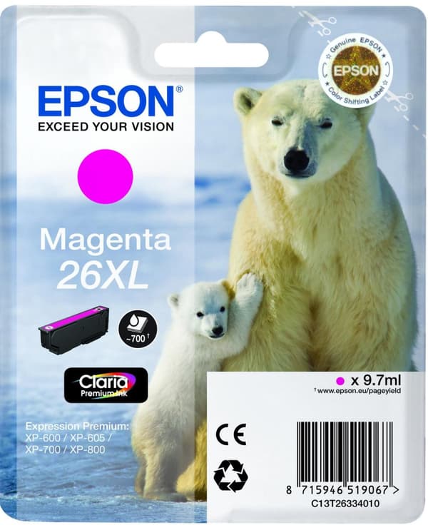 Epson 26XL - XL storlek - magenta - original - bläckpatron - för Expression Photo XP-760, Expression Premium XP-510, 520, 615, 620, 625, 710, 720, 810