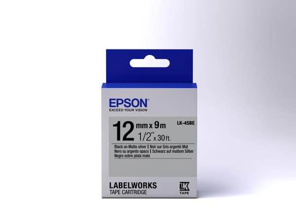 Epson LabelWorks LK-4SBE - Etiketttejp - svart på silver (matt) - rulle (1,2 cm x 2,9 m) 1 rulle(r) - för LabelWorks LW-1000P, LW-300, LW-300L, LW-400
