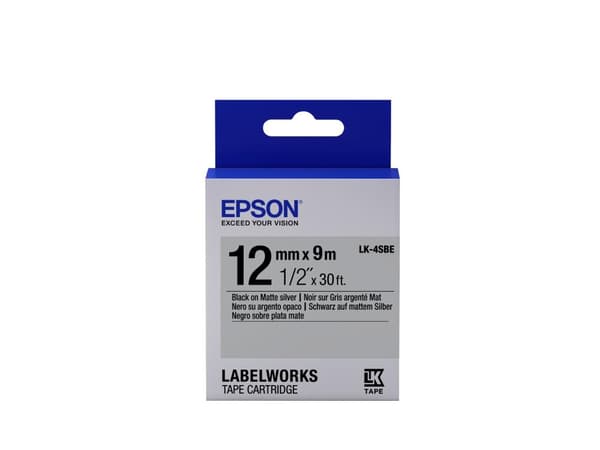 Epson LabelWorks LK-4SBE - Etiketttejp - svart på silver (matt) - rulle (1,2 cm x 2,9 m) 1 rulle(r) - för LabelWorks LW-1000P, LW-300, LW-300L, LW-400