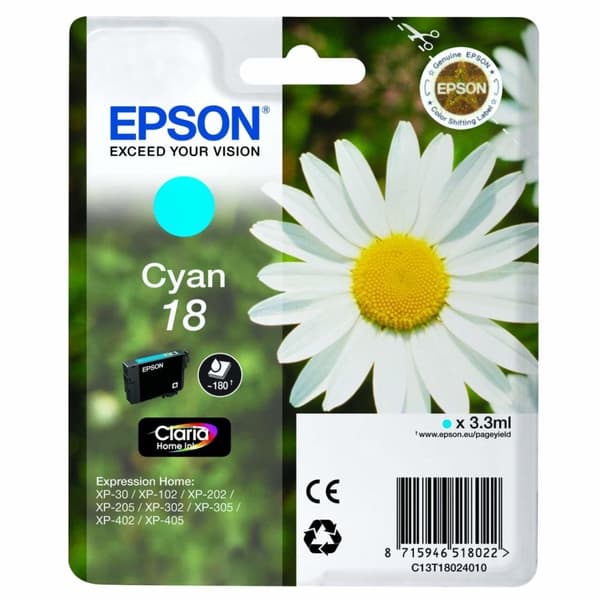 Epson 18 - cyan - original - bläckpatron - för Expression Home XP-212 215 225 312 315 322 325 412 415 422 425 (C13T18024010)