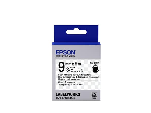 Epson LabelWorks LK-3TBN - etikettape - sort på gennemsigtig - rulle (0,9 cm x 9 m) 1 rulle(r) - til LabelWorks LW-1000P, LW-300, LW-300L, LW-400, LW-
