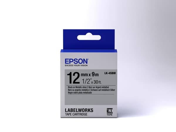 Epson LabelWorks LK-4SBM - etikettape - sort på metallisk sølv - rulle (1,2 cm x 9 m) 1 rulle(r) - til LabelWorks LW-1000P, LW-300, LW-300L, LW-400, L