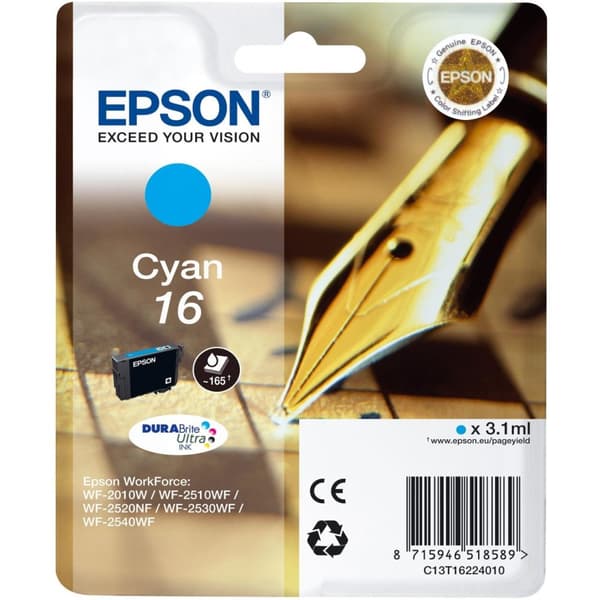 Epson 16 - cyan - original - bläckpatron - för WorkForce WF-2010, WF-2510, WF-2520, WF-2530, WF-2540, WF-2630, WF-2650, WF-2660 (C13T1622401)