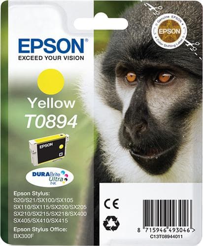 Epson T0894 - skrivarkassett - 1 x gul - blisterförpackning - för Stylus S21, SX100, SX105, SX115, SX200, SX215, SX400, SX405, SX415, Stylus Office BX