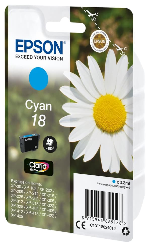 Epson 18 - 3,3 ml - cyan - original - blækpatron - til Expression Home XP-212, 215, 225, 312, 315, 322, 325, 412, 415, 422, 425