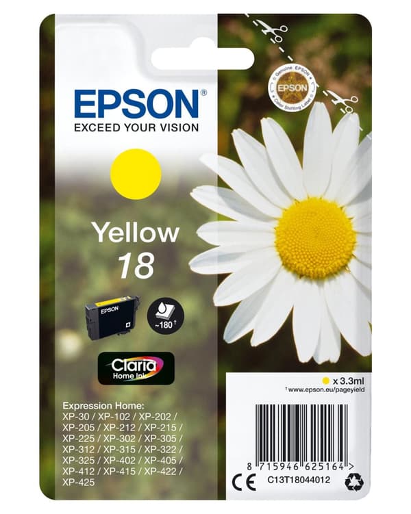 Epson 18 - 3,3 ml - gul - original - bläckpatron - för Expression Home XP-212, 215, 225, 312, 315, 322, 325, 412, 415, 422, 425 (C13T18044012)