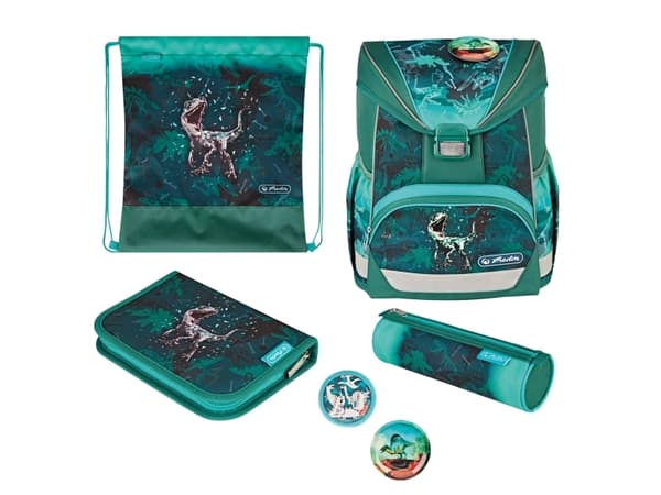 Herlitz UltraLight Plus Green Rex, Pencil pouch, Sport bag, Pennfack, Skolväska, Pojke, Grundskola, Ryggsäck, 15 l, Framficka, Sidoficka