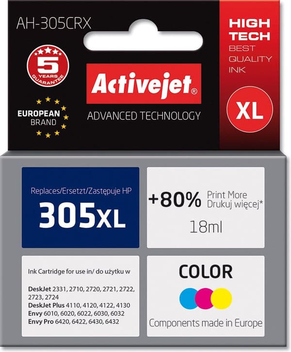 Activejet AH-305CRX muste HP-tulostimelle; HP 305XL 3YM63AE vaihto; Premium; 18 ml; väri