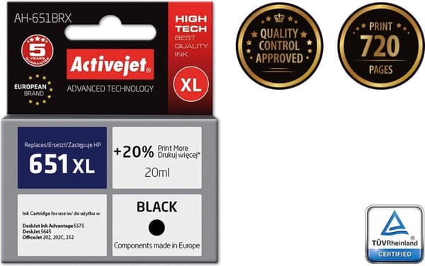 Activejet AH-651BRX blæk (erstatning for HP 651 C2P10AE; Premium; 20 ml; sort)