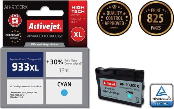 Activejet AH-933CRX blæk til HP printer; HP 933XL CN054AE udskiftning; Præmie; 13 ml; cyan