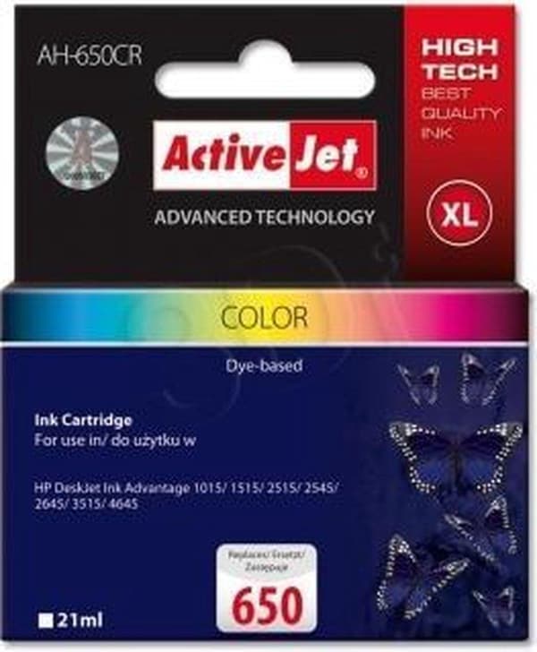 Activejet AH-650CR -muste HP-tulostimeen; HP 650 CZ102AE -vaihtokasetti; Premium; 21 ml; väri