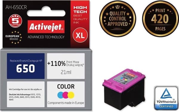 Activejet AH-650CR blæk til HP printer; HP 650 CZ102AE udskiftning; Præmie; 21 ml; farve