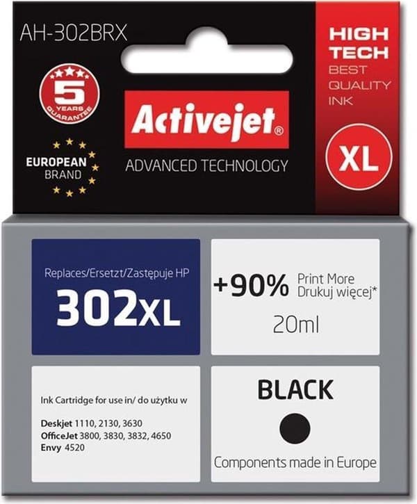 Activejet AH-302BRX blæk til HP printer; HP 302XL F6U68AE udskiftning; Præmie; 20 ml; sort