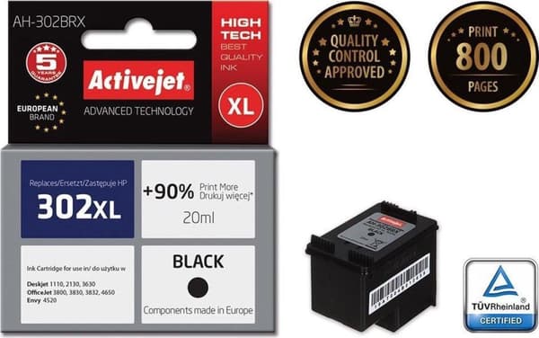 Activejet AH-302BRX blæk til HP printer; HP 302XL F6U68AE udskiftning; Præmie; 20 ml; sort