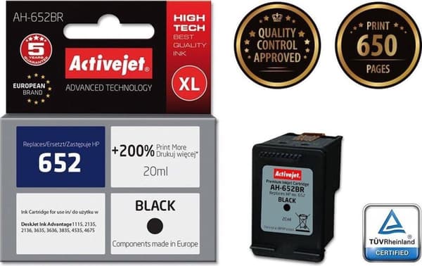 Activejet AH-652BR -muste HP-tulostimeen; HP 652 F6V25AE -vaihtokasetti; Premium; 20 ml; musta