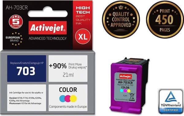 Activejet AH-703CR blækpatron til HP printer, kompatibel med HP 703 CD888AE; Præmie; 21 ml; farve. Udskriver 90 % mere.