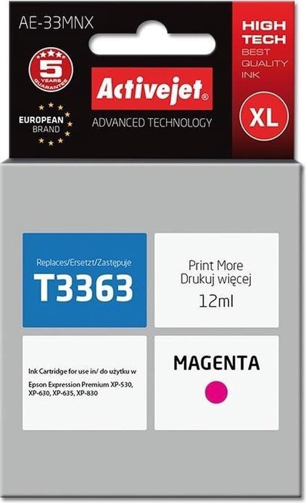 Activejet AE-33MNX muste Epson-tulostimeen, Epson 33XL T3363 korvaava; Ylin; 12 ml; magenta