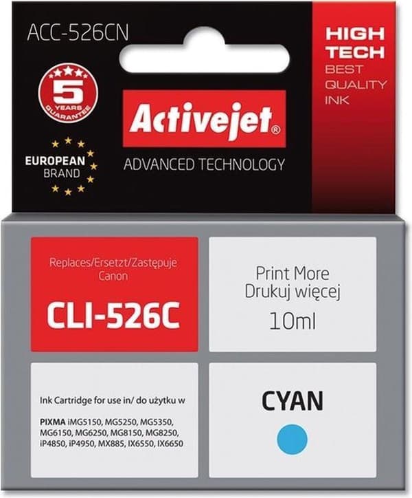 Activejet ACC-526CN-blæk (erstatning for Canon CLI-526C; Supreme; 10 ml; cyan)