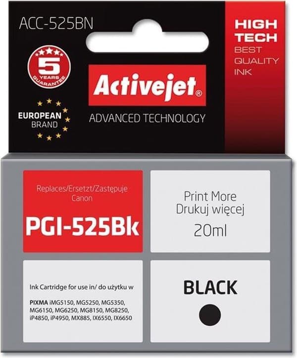 Activejet ACC-525BN bläck för Canon-skrivare; Canon PGI-525Bk ersättning; Överlägsen; 20 ml; svart