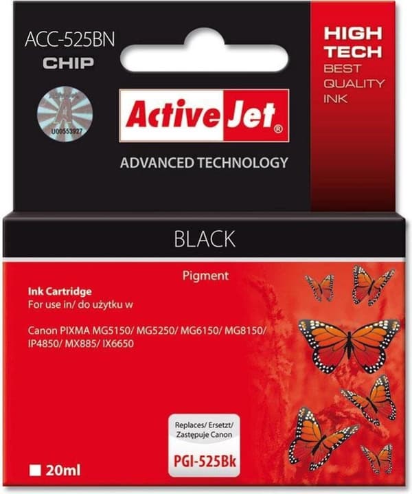 Activejet ACC-525BN bläck för Canon-skrivare; Canon PGI-525Bk ersättning; Överlägsen; 20 ml; svart