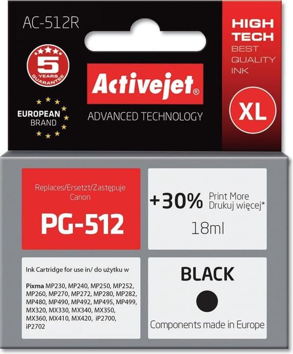 Activejet AC-512R blæk til Canon printer; Canon PG-512 erstatning; Præmie; 18 ml; sort