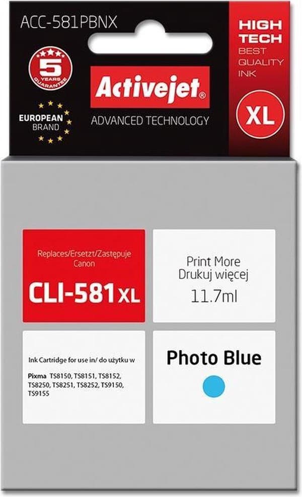 Activejet ACC-581PBNX blæk til Canon printer; Canon CLI-581PB XL erstatning; Supreme; 11,70 ml; foto blå