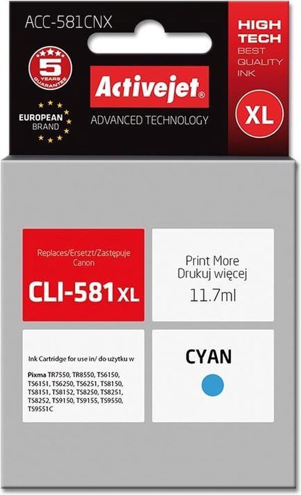 Activejet ACC-581CNX blækpatron (erstatning for Canon CLI-581XLC; Supreme; 11,70 ml; cyan)