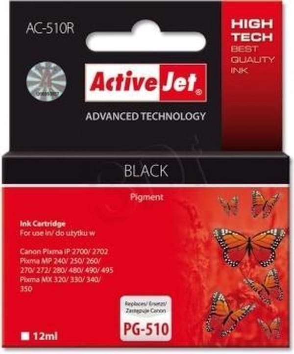 Activejet AC-510R -mustekasetti (Canon PG-510 -tulostimen vaihto; Premium; 12 ml; musta)