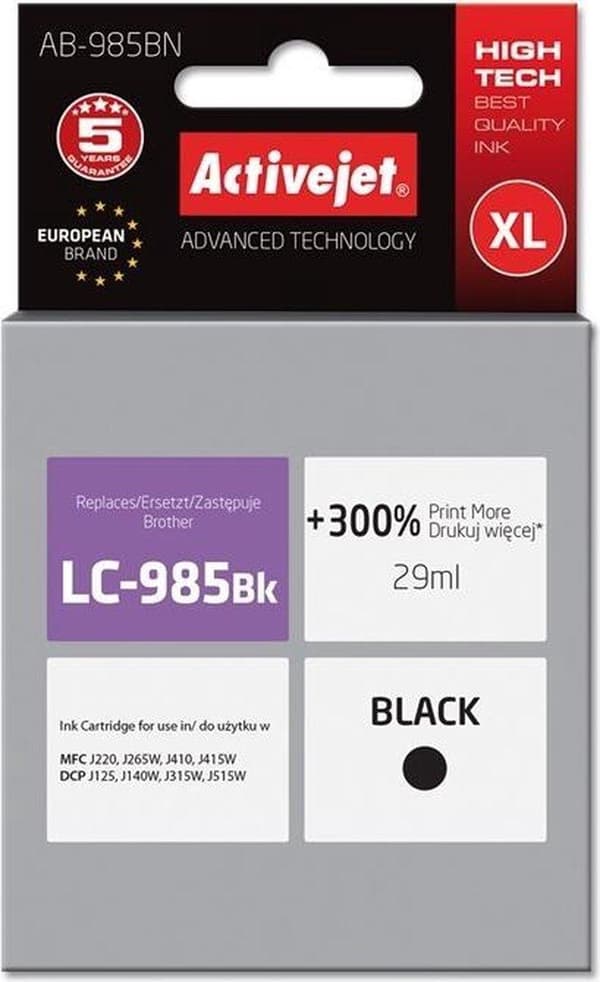 Activejet AB-985BN -muste (korvaa Brother LC985Bk -musteen; Supreme; 29 ml; musta)