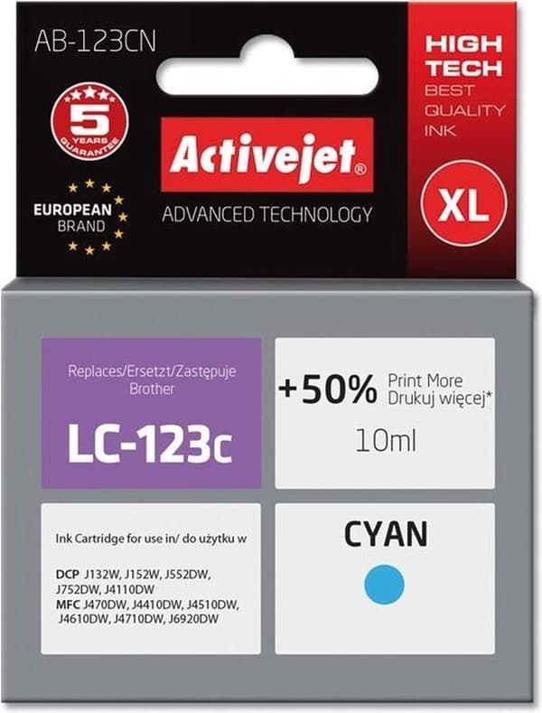 Activejet AB-123CN muste Brother-tulostimelle; Brother LC123C/LC121C vaihto; Ylin; 10 ml; syaani