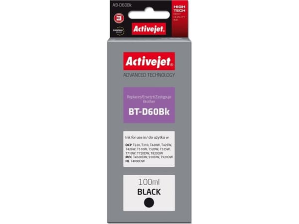 Activejet AB-D60Bk, Høyt (XL) utbytte, Fargestoffbasert blekk, 100 ml, 1 stykker, Enkeltpakke