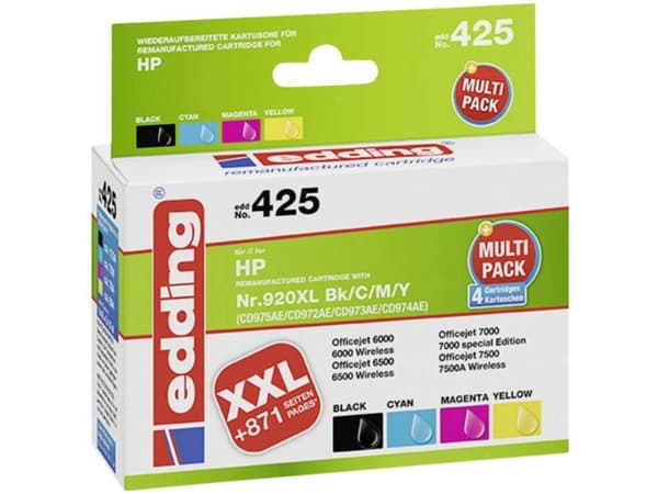 Edding EDD-425, Sort, Fiolblå, Gult, Cyan, 48 ml, 12 ml, 4 stykker, Multipakke