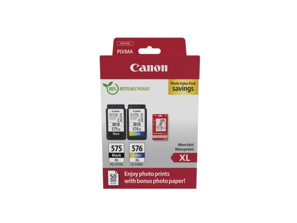 Canon PG-575XL/CL-576XL Photo Paper Value Pack - 2-pack - Lång livslängd - svart, färg (cyan, magenta, gul) - original - hängande låda - bläckpatron/
