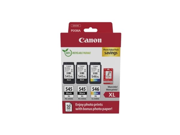 Canon PG-545 XL/CL-546XL Photo Value Pack - 3-pack - svart, farge (cyan, magenta, gul) - original - blekkpatron/papirsett - for P/N: 0727C068, 727C07