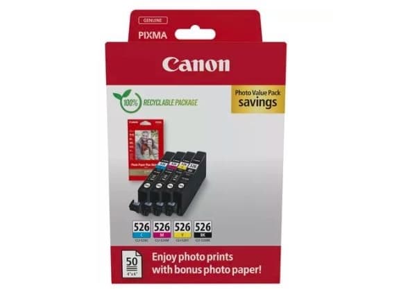 Canon CLI-526 C/M/Y/BK Photo Value Pack - 4-pack - 9 ml - gul, cyan, magenta, svart - original - boks - blekkbeholder / papirsett - for PIXMA iP4950,
