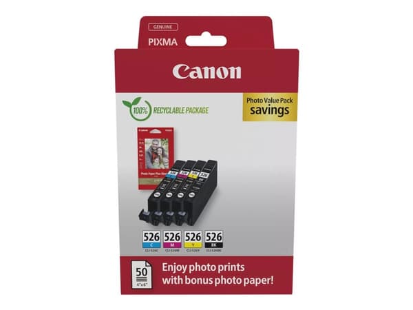 Canon CLI-526 C/M/Y/BK Photo Value Pack - 4-pack - 9 ml - gul, cyan, magenta, svart - original - boks - blekkbeholder / papirsett - for PIXMA iP4950,