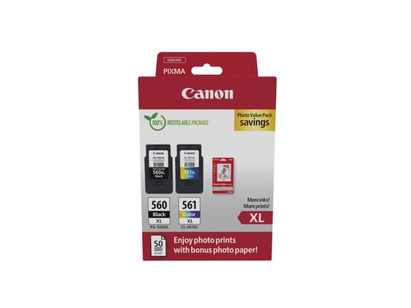 Canon PG-560XL/CL-561XL Photo Value Pack - Blank - 2-pack - Høy ytelse - svart, farge (cyan, magenta, gul) - original - hengeboks - blekkpatron/papir