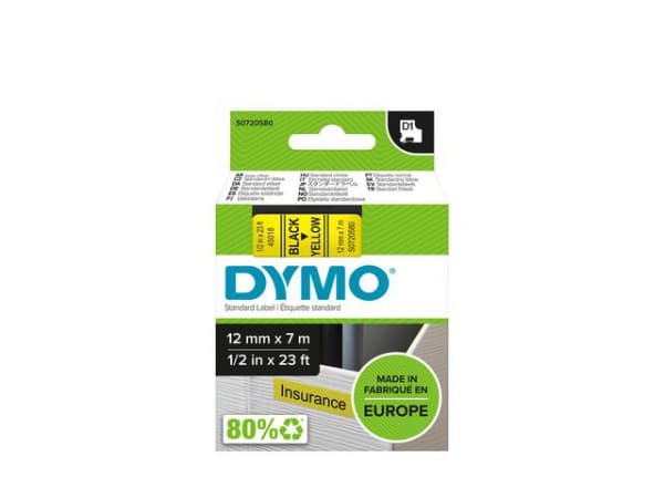 Tape Dymo D1 12Mm X 7M Sort/Gul (1 stk.)