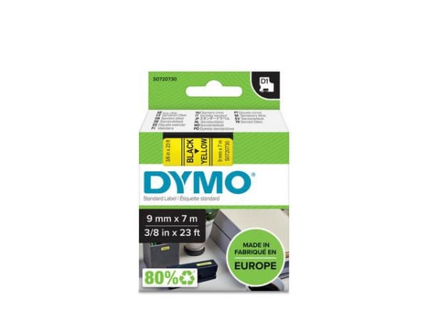 Tape Dymo D1 9Mm X 7M Sort/Gul (1 stk.)
