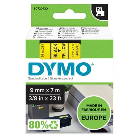 Tape Dymo D1 9Mm X 7M Sort/Gul (1 stk.)