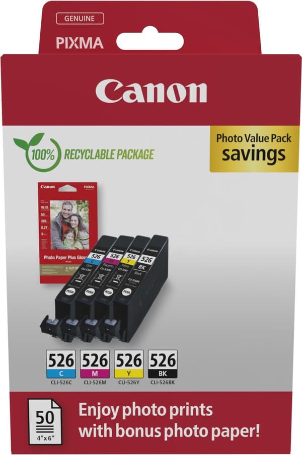 Canon CLI-526 BK/C/M/Y Photo Value Pack - 9 ml - 9 ml - 4 stk. - Photo Value Pack (4540B019)