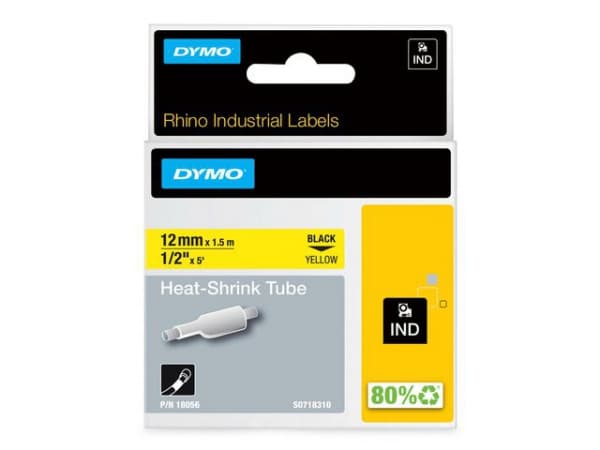 Dymo Teip Rhino 12mmx1,5m Krympestrmpe sort/gul (1 stk.)