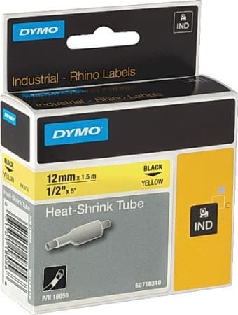 Dymo Teip Rhino 12mmx1,5m Krympestrmpe sort/gul (1 stk.)