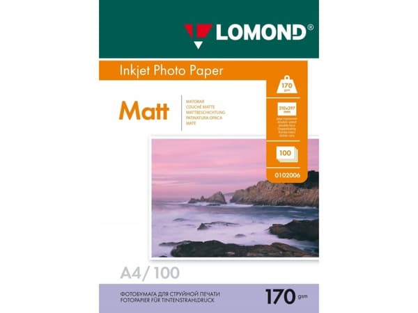 Lomond 0102006, Matte, 170 g/m², A4, Hvit, 100 ark, 210 mm