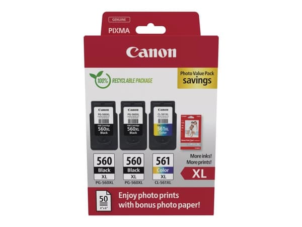 Canon PG-560XL x2/CL-561XL Photo Value Pack - Blank - 3-pack - Høy ytelse - svart, farge (cyan, magenta, gul) - original - hengeboks - blekkpatron/pa