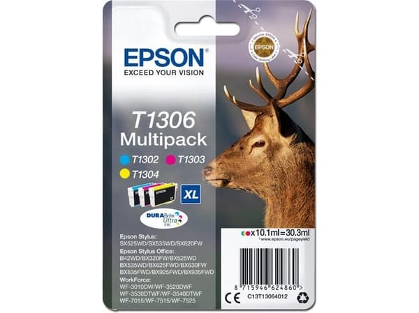 Epson T1306 Multipack - 3-pack - 30.3 ml - XL - gul, cyan, magenta - original - blekkpatron - for Stylus Office BX630, BX635, BX935; WorkForce WF-301