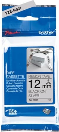Brother TZeR satin tape 12mm x 4m black on silver (1 stk.)